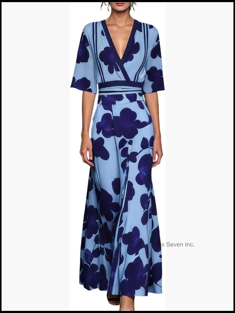 Women's Boho Satin Maxi Dress With Pockets Half Sleeve V-Neck